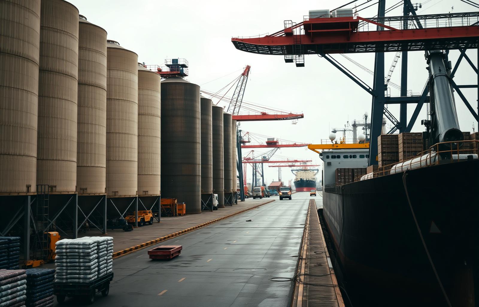 Bulk cargo terminal with grain silos and a vessel loading