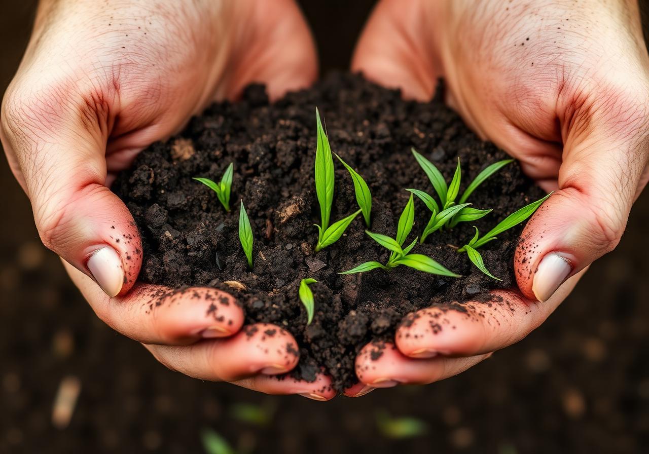 Hands holding rich dark soil with young green sprouts